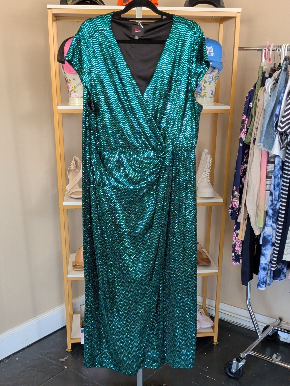 Sequin Wrap Maxi Dress in Emerald Green